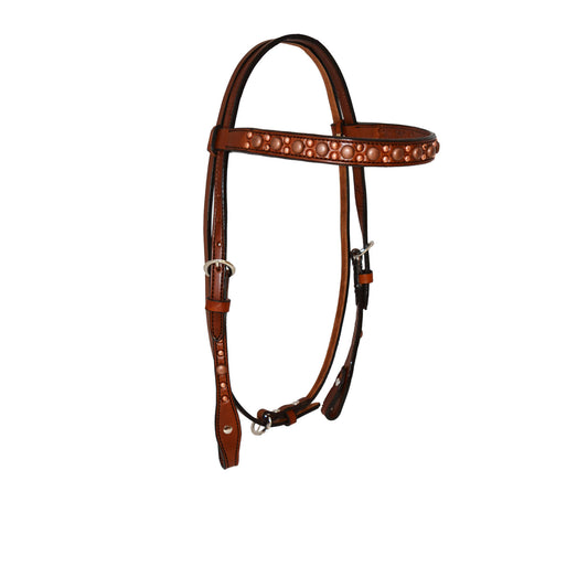 1-1/2" Straight cowboy browband headstall wide cut rough out chocolate leather with copper crackle whip lace, copper antique, copper, and patina spots.