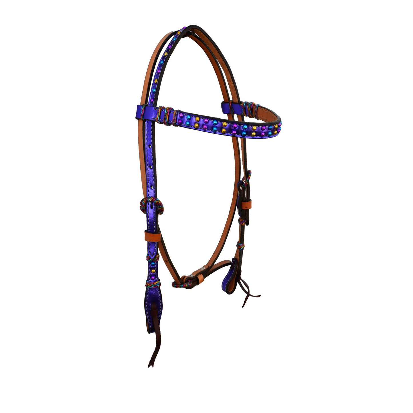 1/2" Straight browband headstall purple metallic overlay with fiesta spots, fiesta braided, and fiesta Spanish lace hardware.