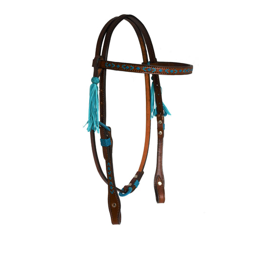 1/2" Straight browband headstall toast leather turquoise rawhide southwest design with turquoise Spanish lace hardware, braided loops and tassels.