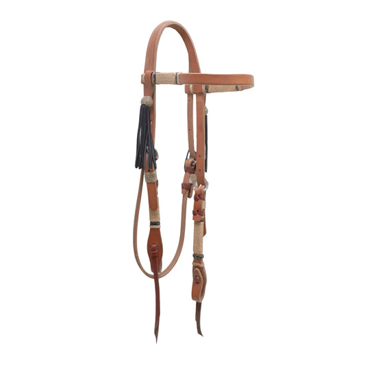 1/2" Straight browband headstall harness leather rawhide and black braided stripes with braided loops and black tassels.