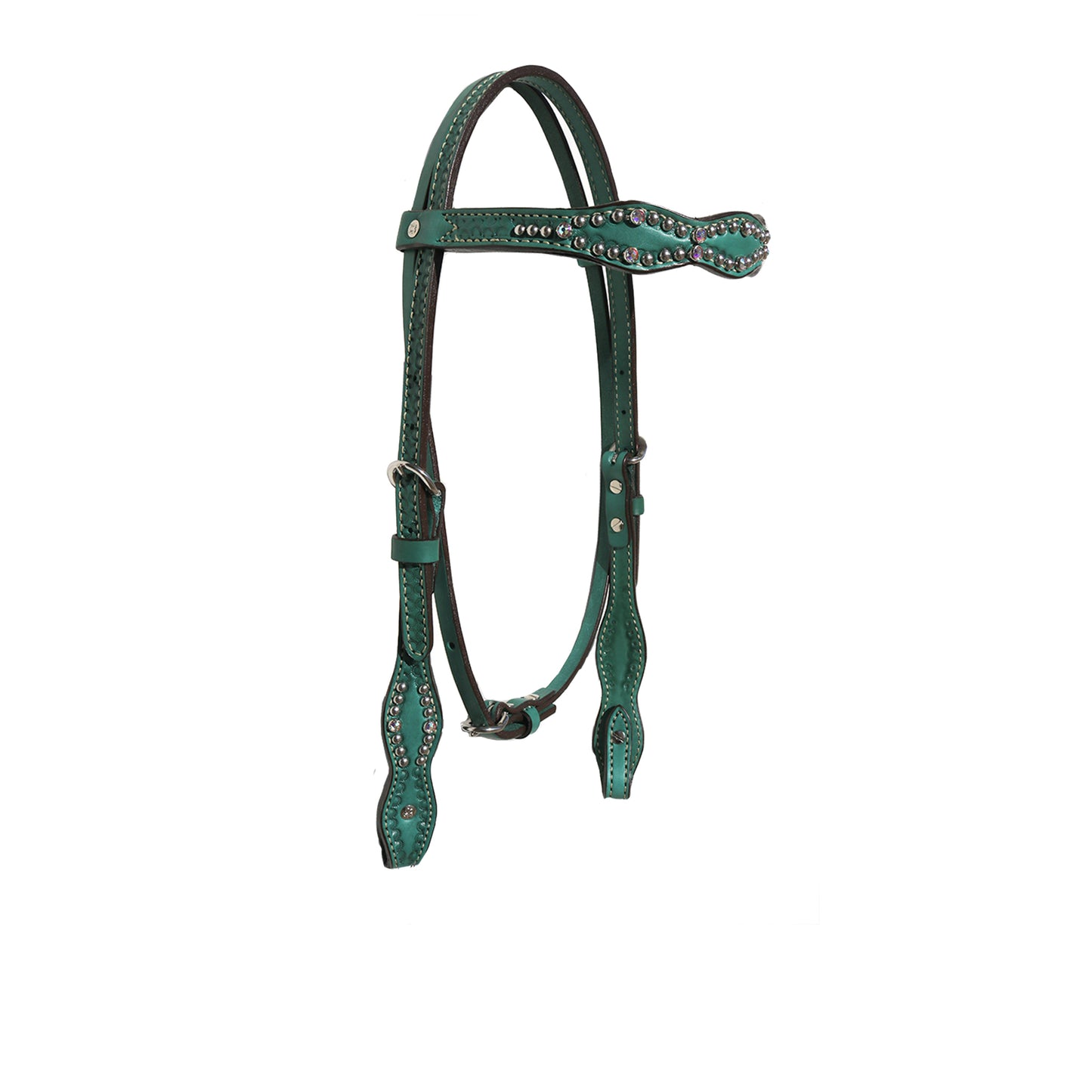 2037-JQ 1-1/2" Scalloped browband headstall turquoise leather with border shell tooling, crystals, and spots