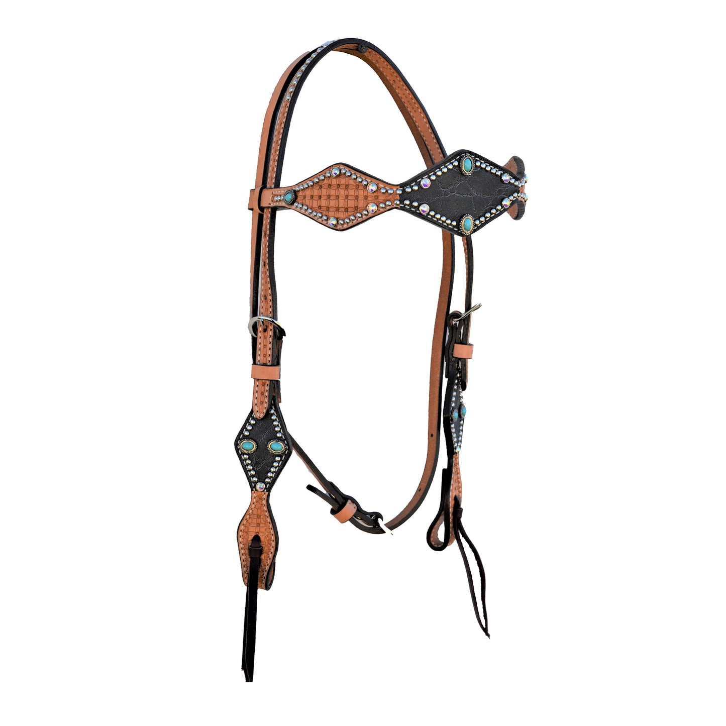 1/2" Diamond browband headstall golden leather geo tooled graphite elephant overlay with turquoise stones, Swarovski crystals, and SS spots.