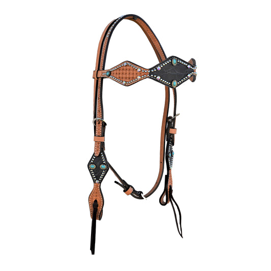 1/2" Diamond browband headstall golden leather geo tooled graphite elephant overlay with turquoise stones, Swarovski crystals, and SS spots.