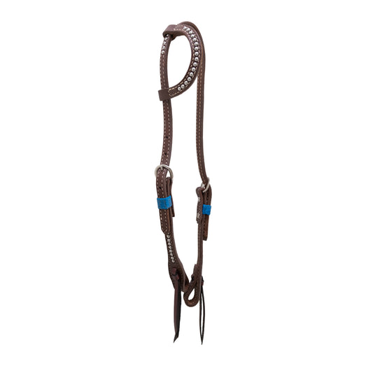 5/8" Flat one ear headstall heavy oiled harness leather with teal loops and spots. 