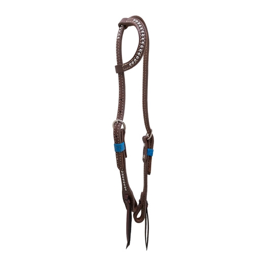 5/8" Flat one ear headstall heavy oiled harness leather with teal loops and spots.