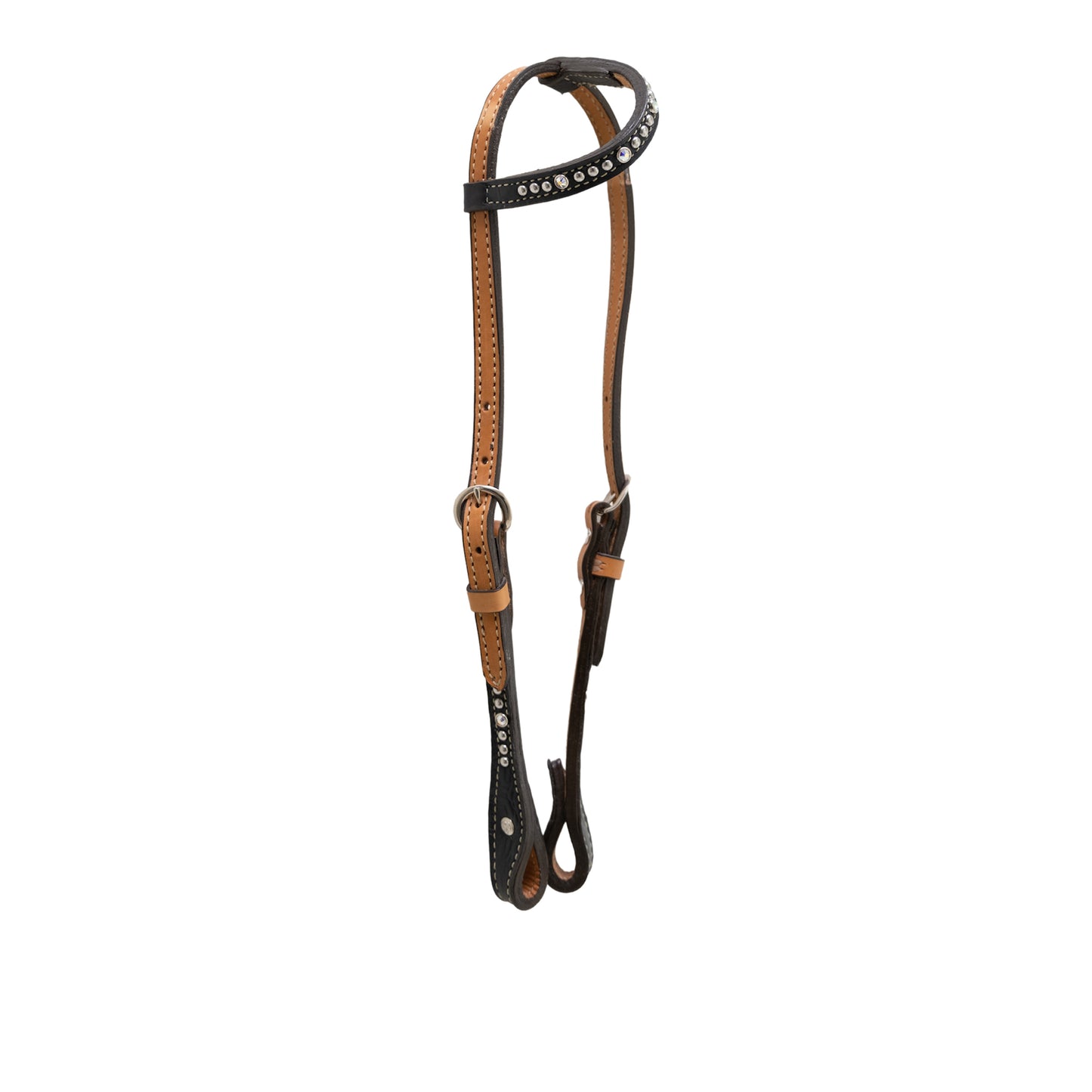 5/8" Flat one ear headstall golden leather black gator overlay with Swarovski crystals and SS spots.