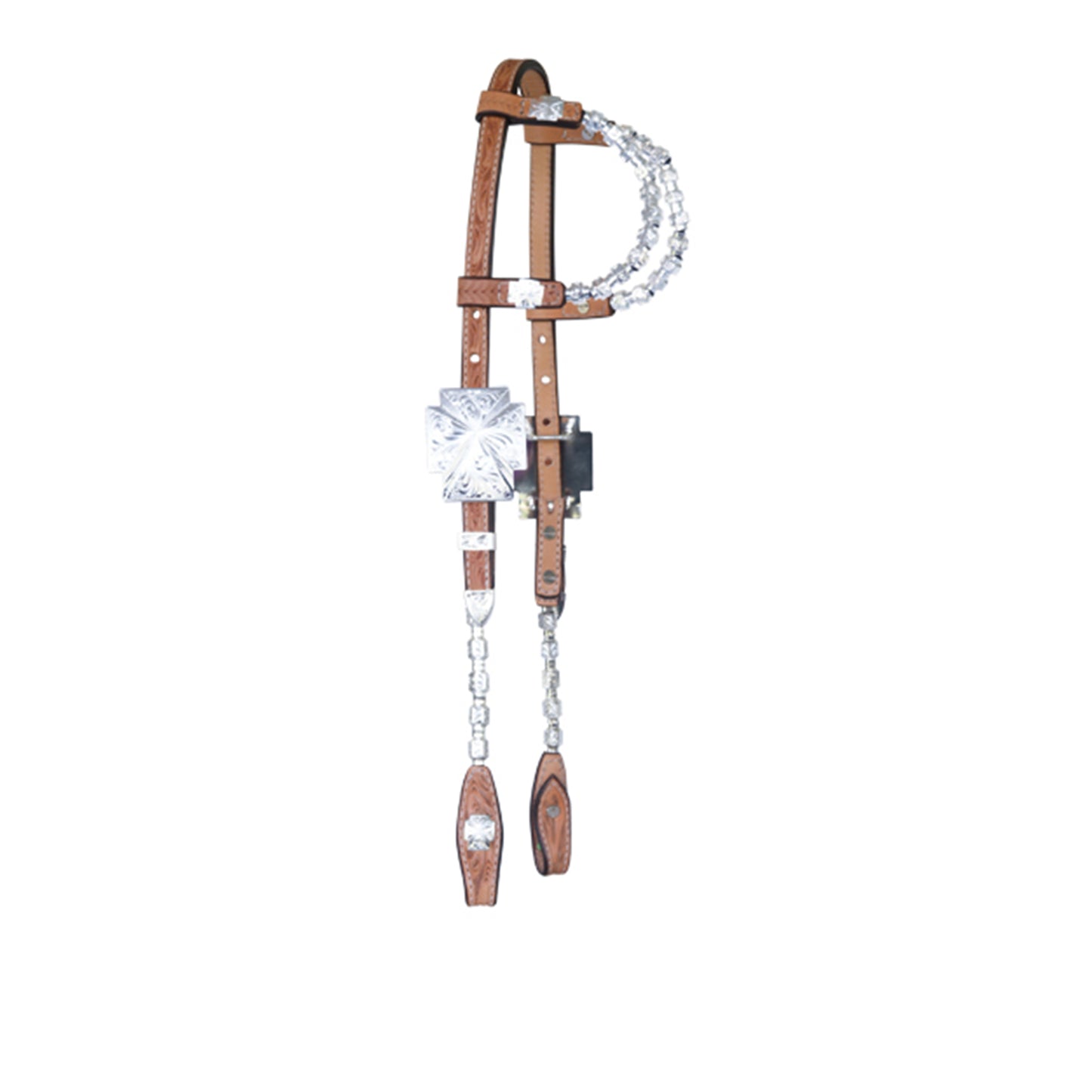 5/8" Round double silver ear headstall golden leather floral tooled with silver ferrules, silver cross buckles, and silver hardware.