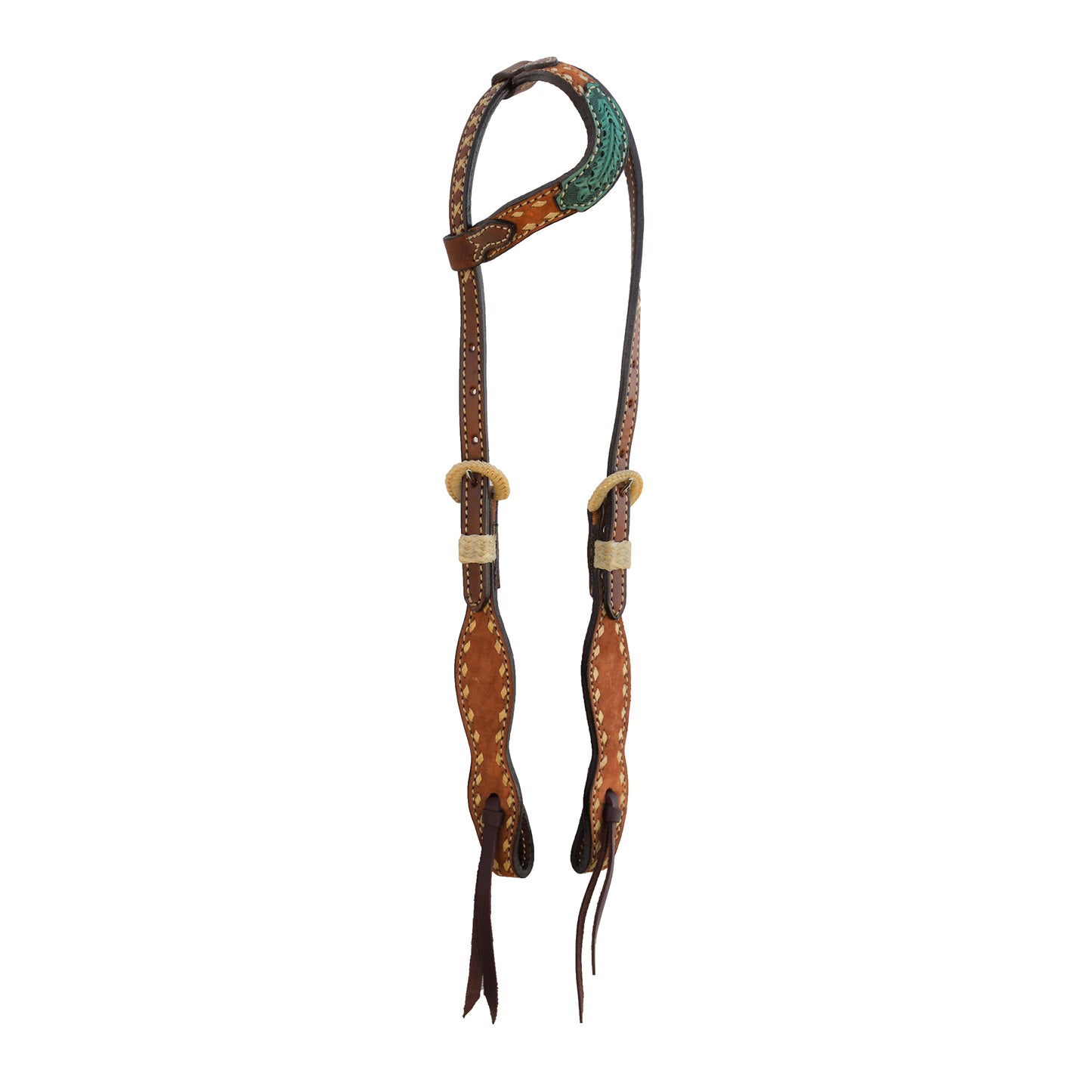 5/8" Wave one ear headstall rough out chocolate leather with turquoise oak lead tooled patch, rawhide buckstitch, braided loops, and Spanish lace hardware.