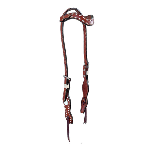 5/8" Wave one ear headstall toast leather white inlay teardrop on cheeks with white buckstitch and bread rawhide loops.