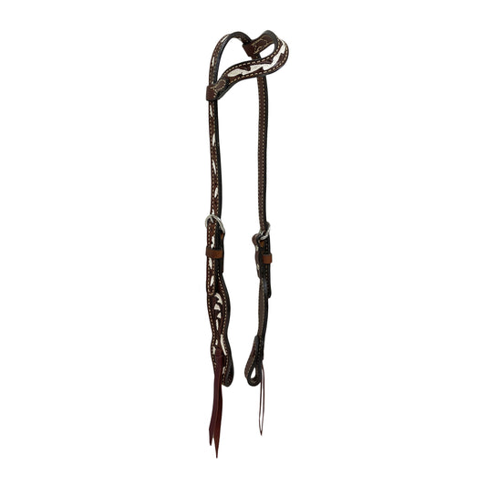 5/8" Wave one ear headstall chocolate leather vine tooling with white background paint.