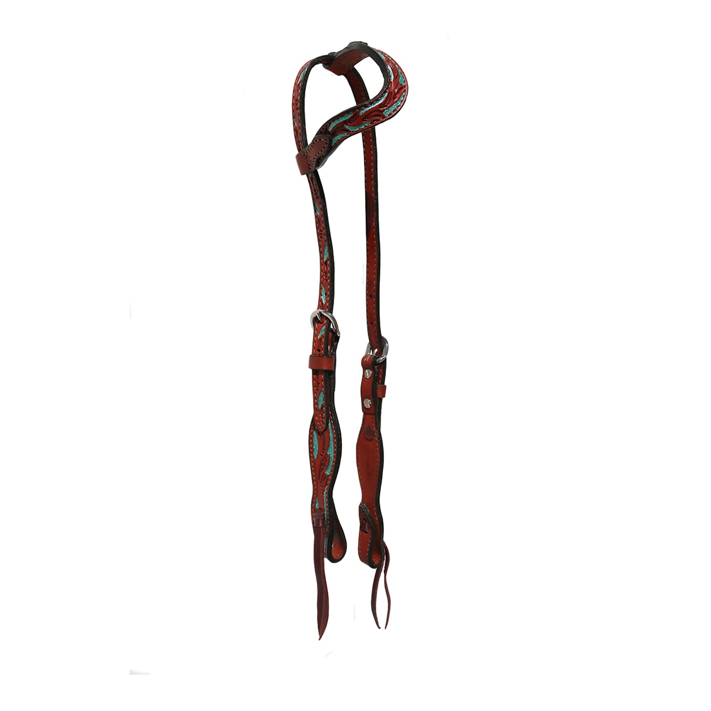 5/8" Wave one ear headstall toast leather floral tooled with turquoise shimmer background paint.