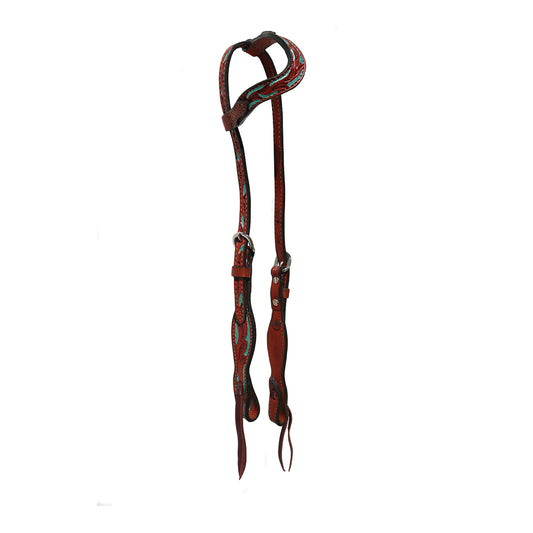 5/8" Wave one ear headstall toast leather floral tooled with turquoise shimmer background paint.