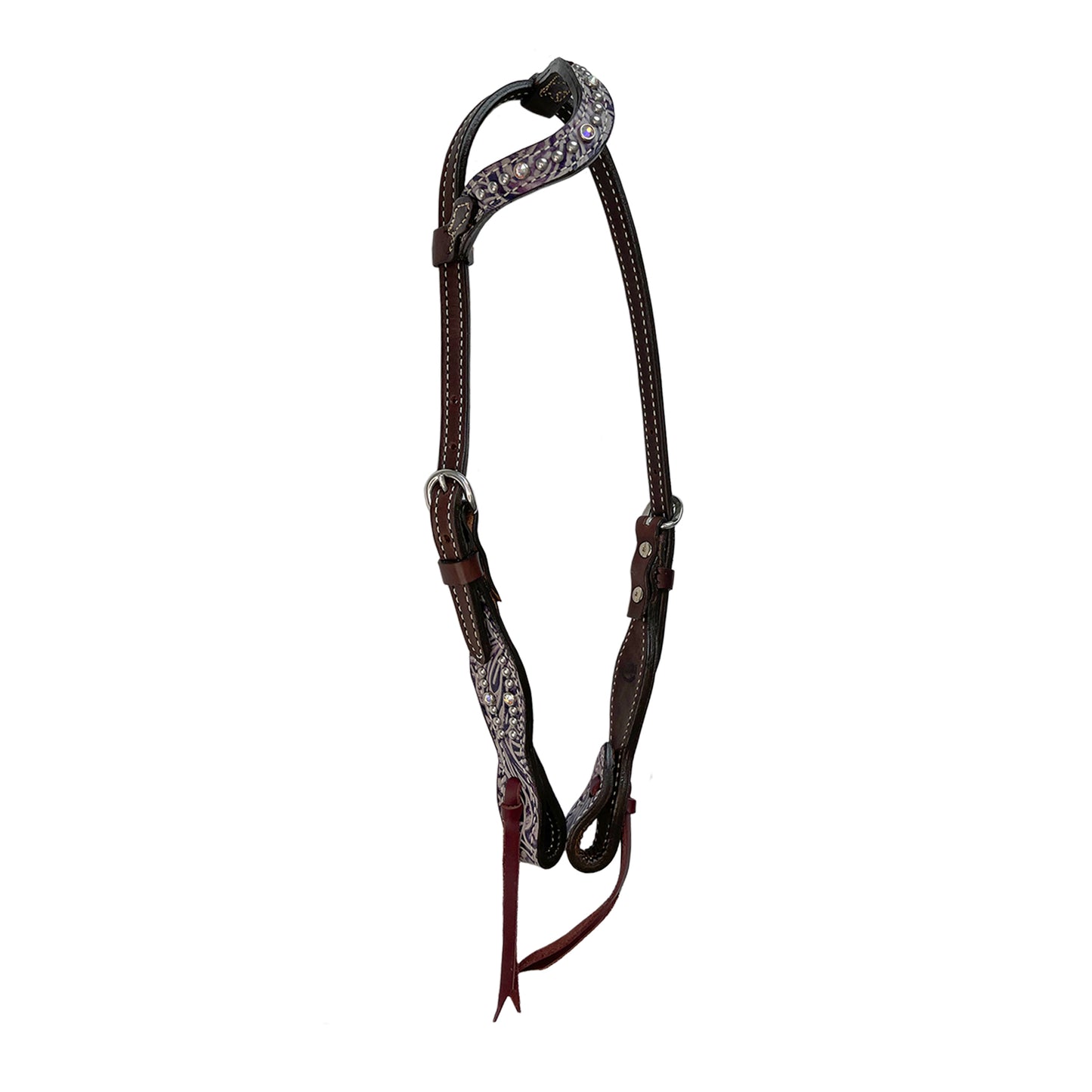 5/8" Wave one ear headstall chocolate leather lilac overlay with Swarovski crystals and SS spots.