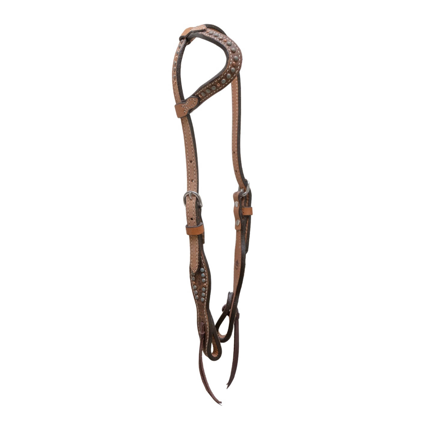 5/8" wave one ear headstall rough out golden leather redwood elephant overlay with patina spots and copper spots.
