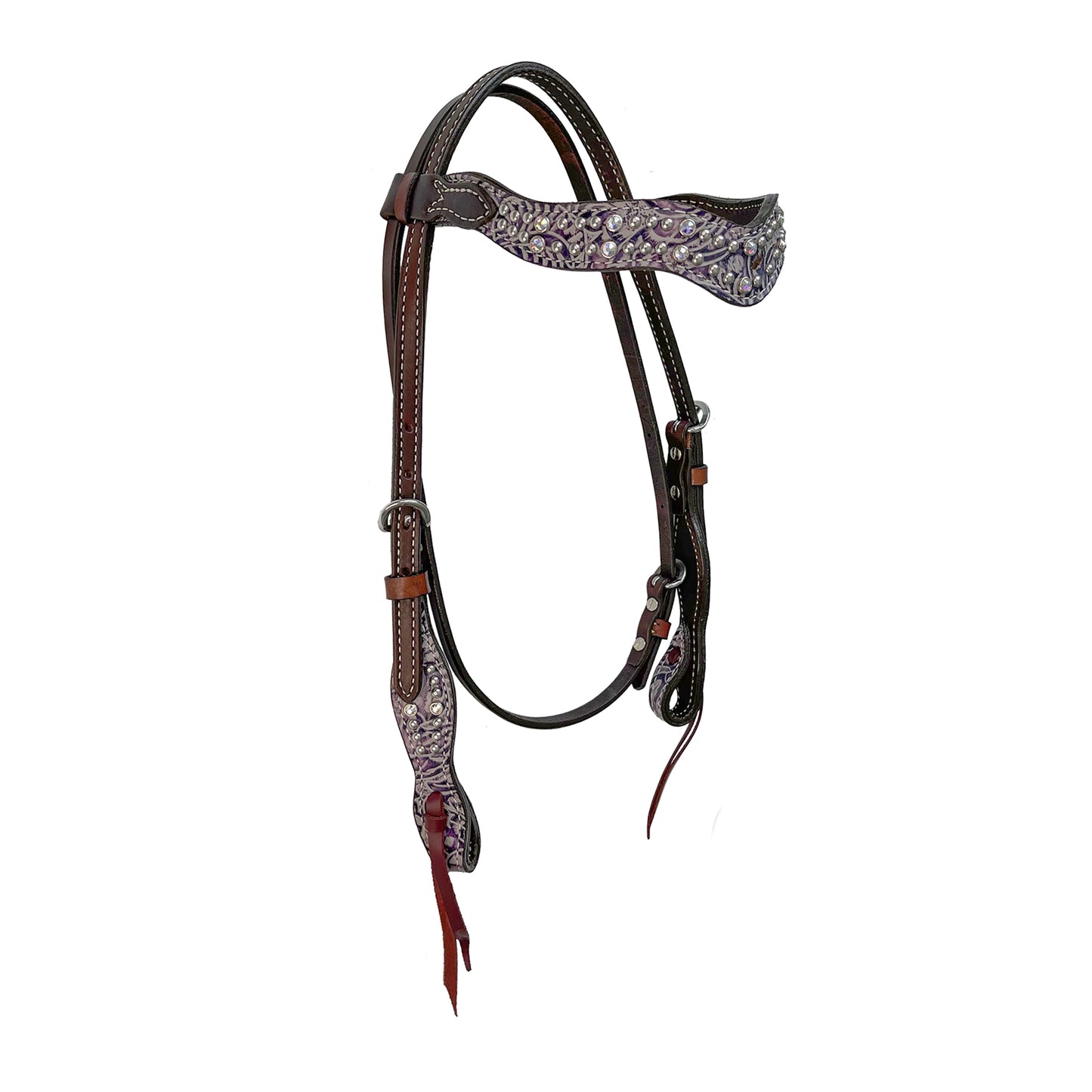 1-1/2" Wave browband headstall chocolate leather lilac overlay with Swarovski crystals and SS spots.