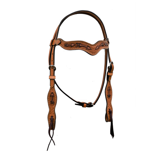 1-1/2" Wave browband headstall golden leather geo/basket cross tooling with copper painted arrows.