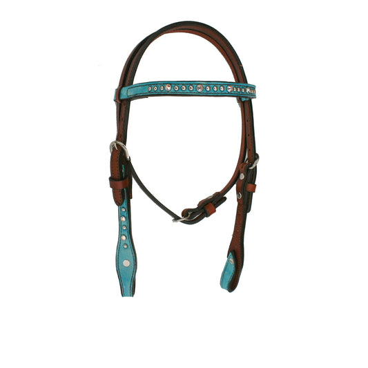 1/2" Pony straight browband headstall toast leather turquoise marble overlay with Swarovski crystals and SS spots.