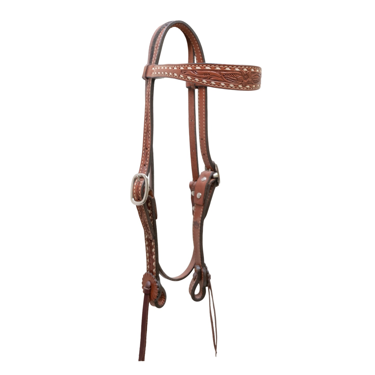 1-1/2" Contour browband headstall toast leather AA tooling with rawhide buckstitch.