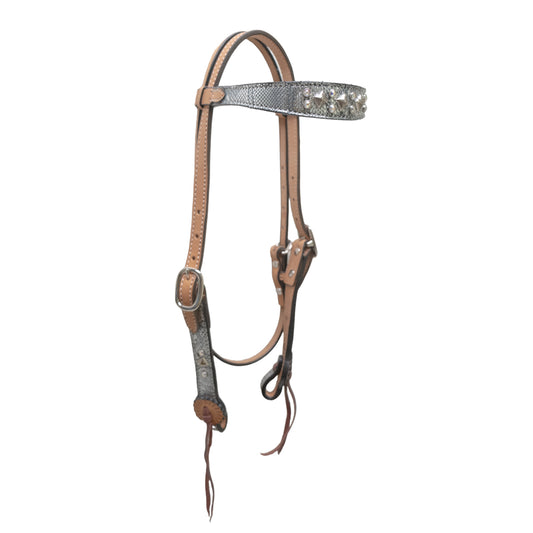 1-1/2" Contour browband headstall golden leather silver python overlay with Swarovski crystals and SS pyramid spots.