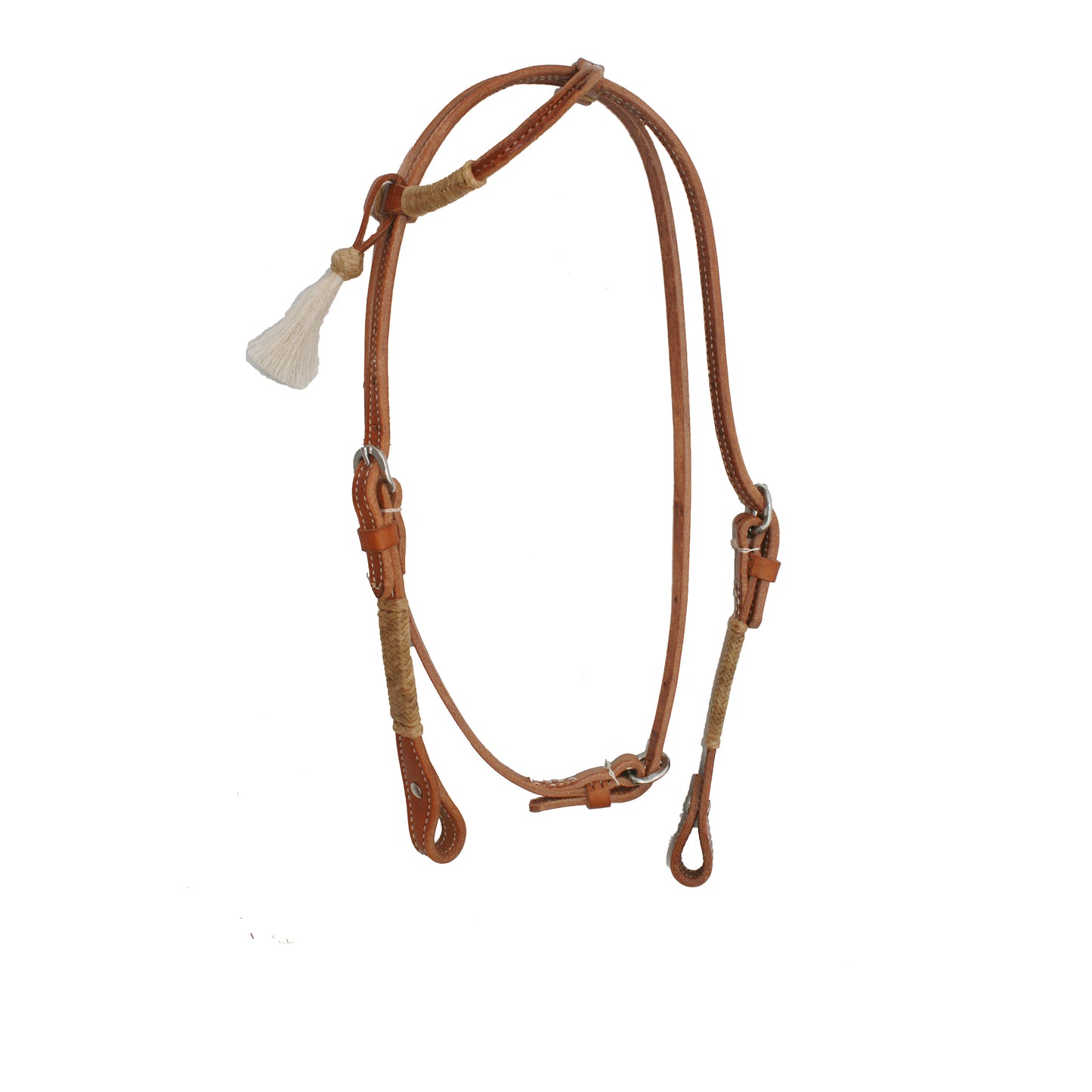 1/2" Flat one ear headstall harness leather rawhide braiding with throat latch and suede beige tassel.