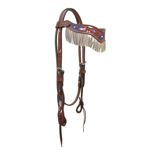 1-1/2" Wave browband headstall toast leather combo AA/star tooling with multicolored background paint and silver fringe.
