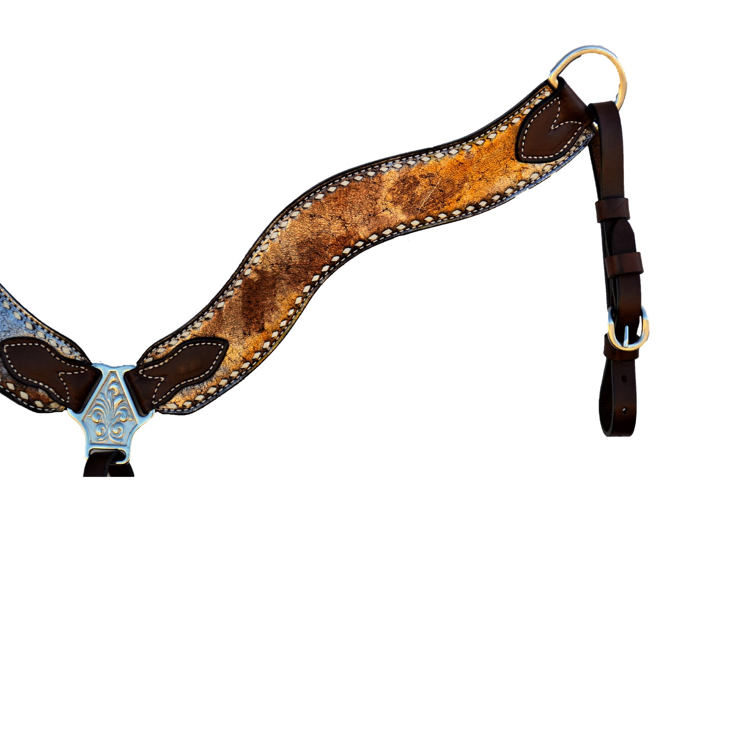 3017-VM 2-1/2" Wave breast collar chocolate leather vintage metallic overlay with buckstitch