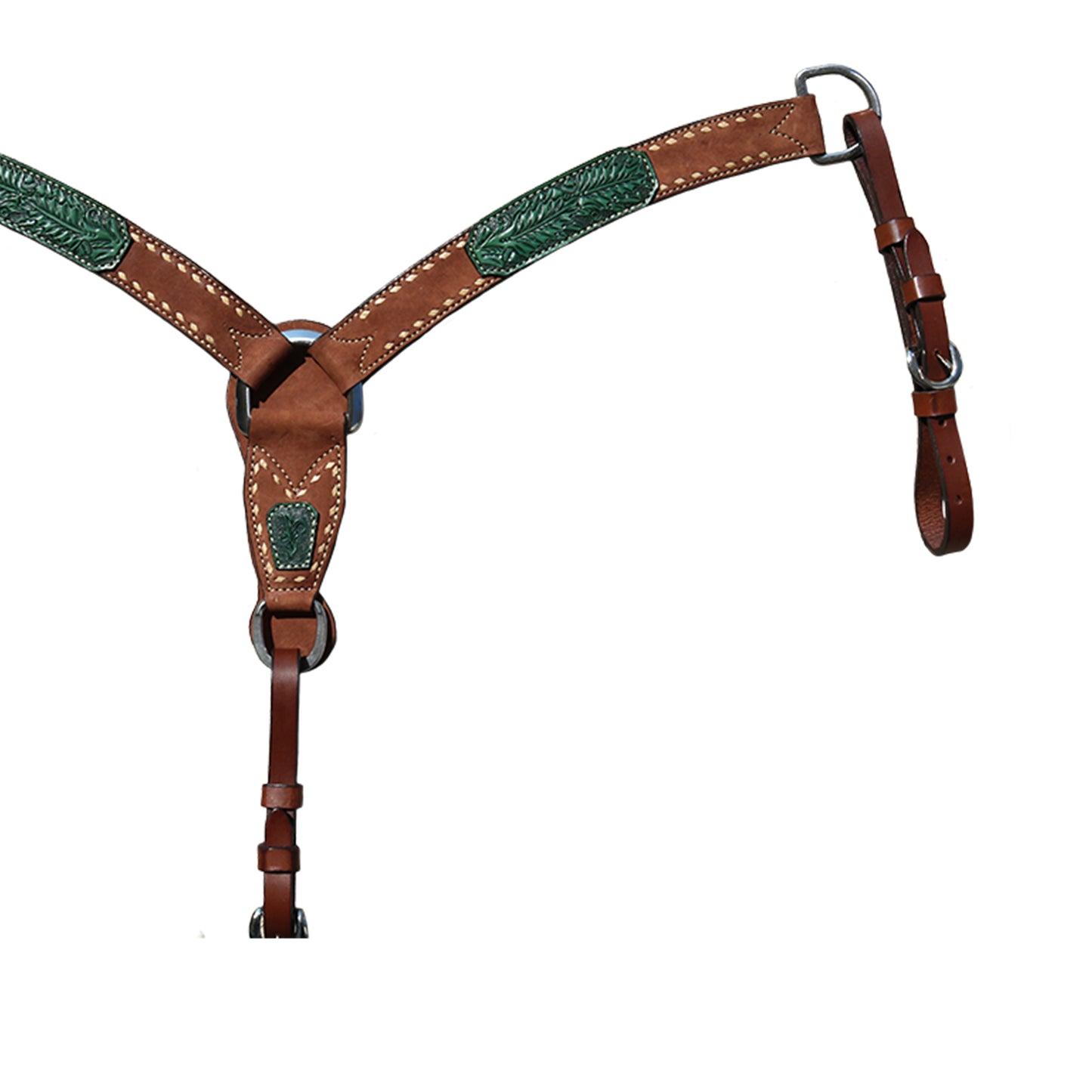 1-3/4" Contour breast collar rough out chocolate leather with turquoise oak leaf tooled patch and rawhide buckstitch.