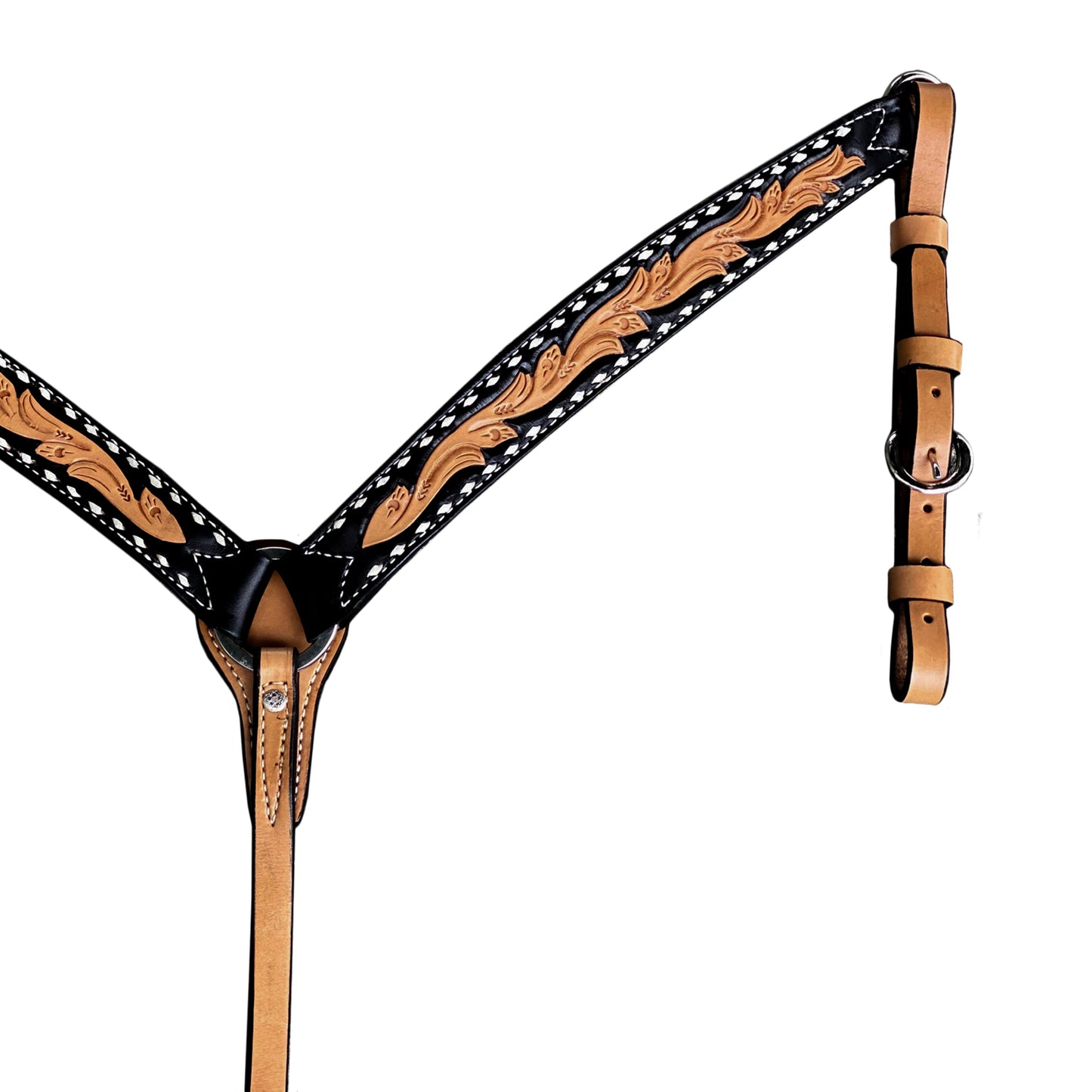 1-3/4" Contour breast collar golden leather sunrise tooling black paint to the edge with rawhide buckstitch.