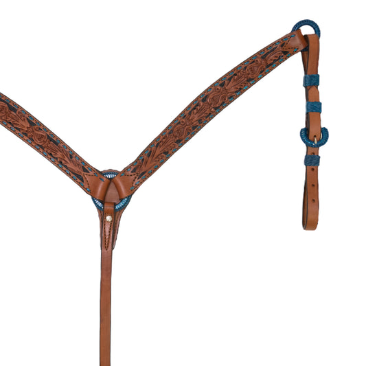 1-3/4" Contour breast collar toast leather AA tooling with turquoise buckstitch, black background paint, and Spanish lace hardware.