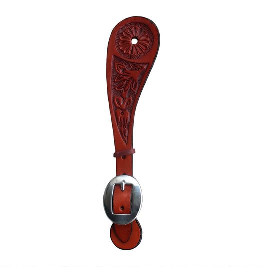 Ladies spur straps toast leather floral tooled.