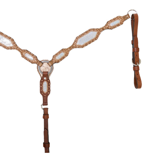 2" Scalloped breast collar toast leather copper crackle background overlay and holographic overlay with copper spots.