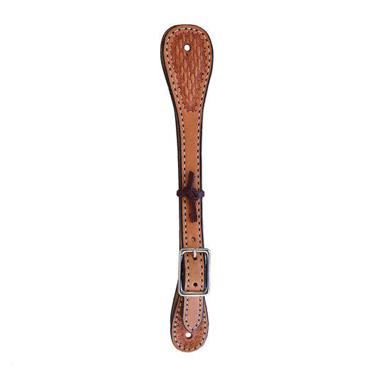 Ladies and kid's spur straps golden leather basket tooled.