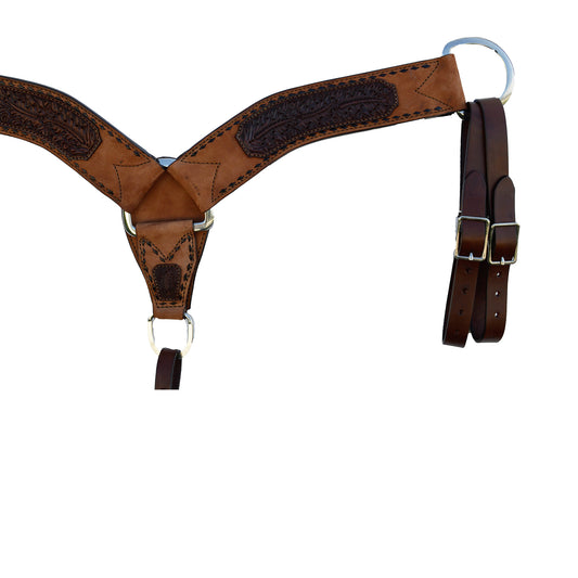 3" Breast collar rough out toast leather with chocolate oak leaf tooled patch, black buckstitch, and double tugs.