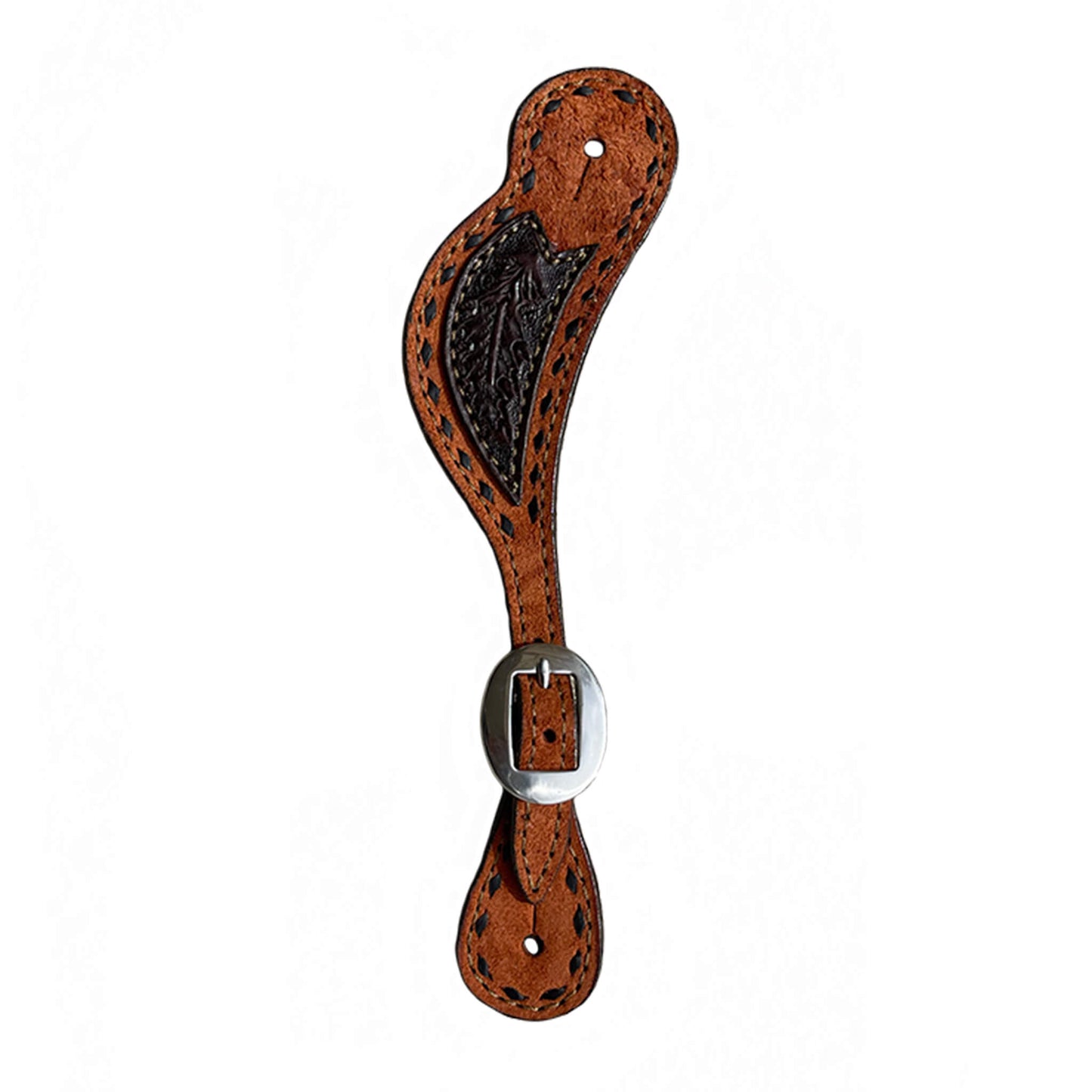 Men's spur straps rough out toast leather with chocolate oak leaf tooled patch and black buckstitch.