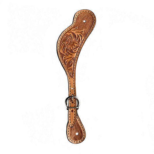 Men's spur straps golden leather floral tooled.