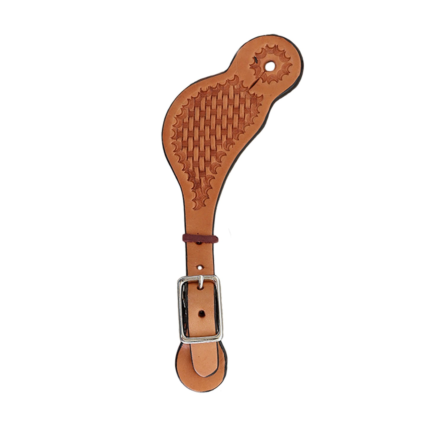 Kid's spur straps golden leather basket tooled.