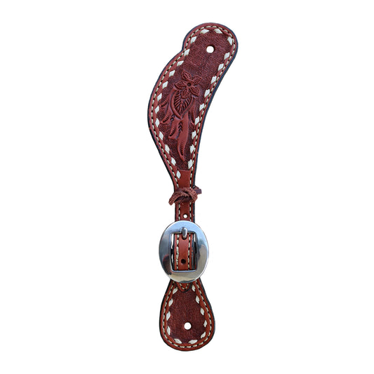 Ladies spur straps toast leather AA tooling with rawhide buckstitch.