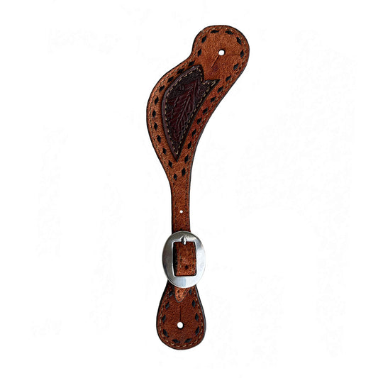 Ladies spur straps rough out toast leather with chocolate oak leaf tooled patch and black buckstitch.
