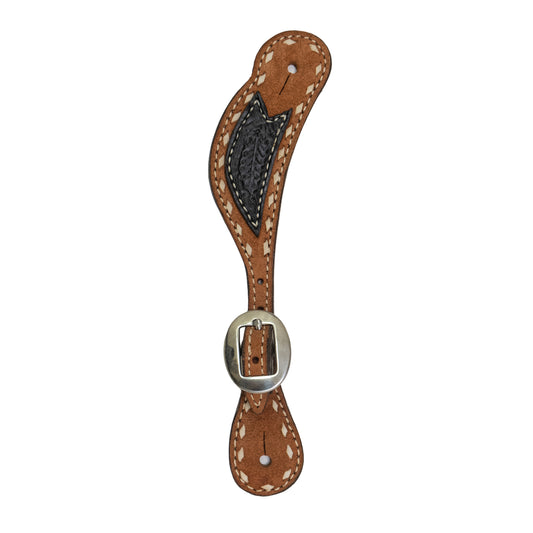 Ladies spur straps rough out toast leather with black oak leaf tooled patch and rawhide buckstitch.