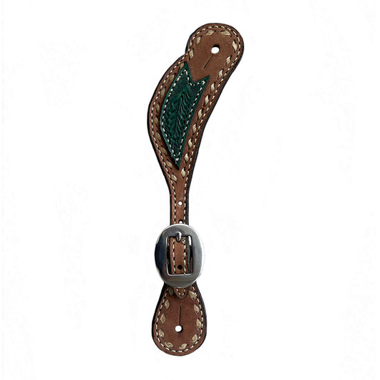 Ladies spur straps rough out chocolate leather with turquoise oak leaf tooled patch and rawhide lace buckstitch.