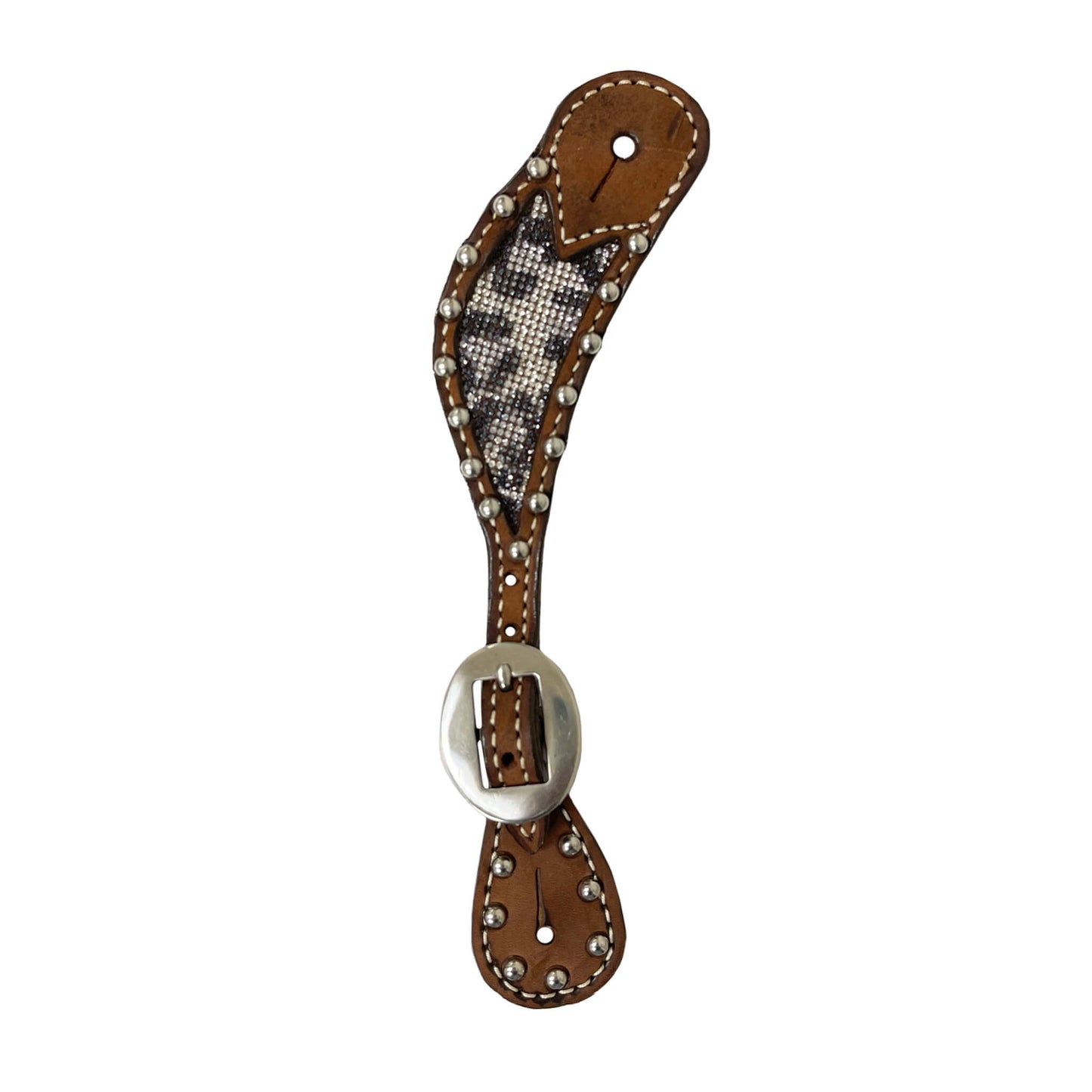 Ladies spur straps rough out chocolate leather black cheetah inlay.