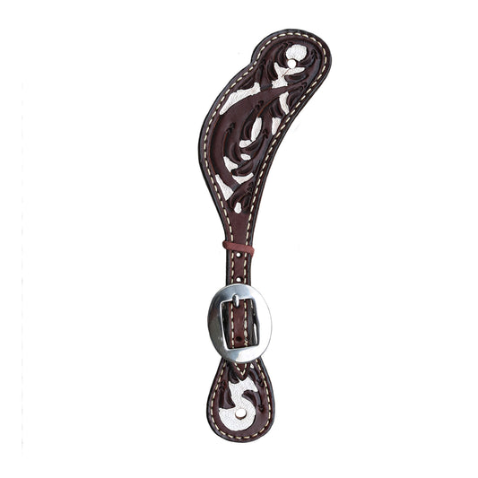 Ladies spur straps chocolate leather vine tooling with white background paint.