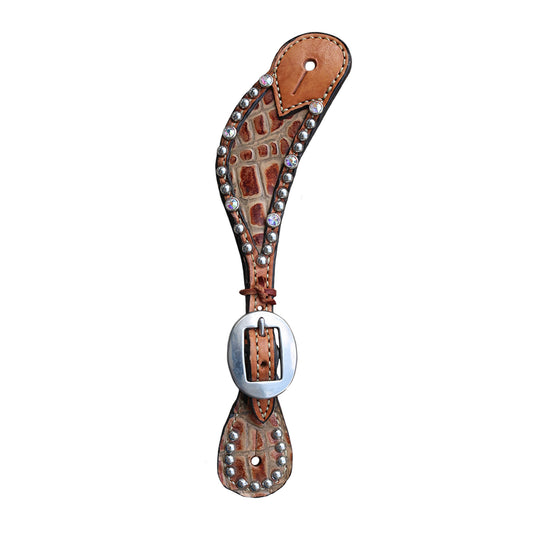 Ladies spur straps golden leather brown gator inlay with Swarovski crystals and SS spots.