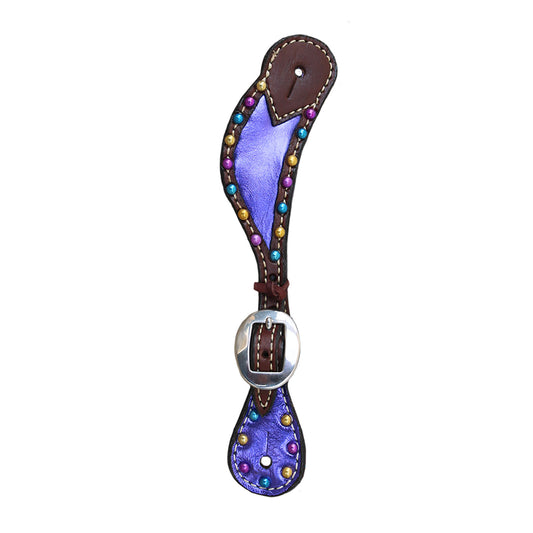 Ladies spur straps chocolate leather purple metallic inlay with metallic spots.
