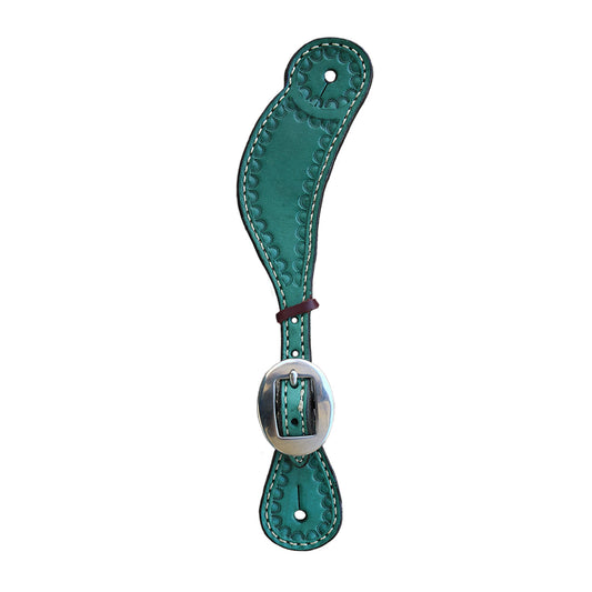 382-Q Ladies and youth spur straps turquoise leather turquoise leather border shell tooling