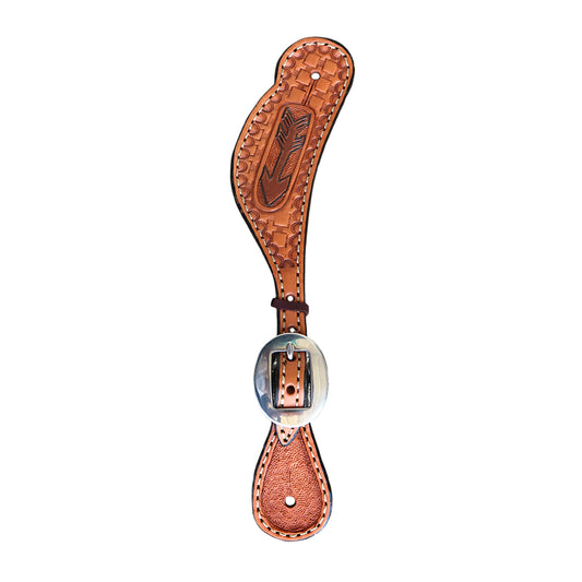 Ladies spur straps golden leather geo/basket cross tooling with painted arrow.