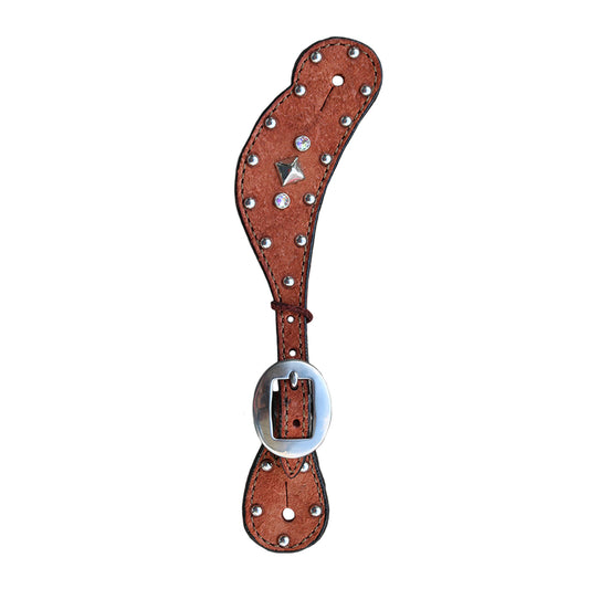 Ladies spur straps rough out toast leather with Swarovski crystals, SS spots, and SS pyramid spots.