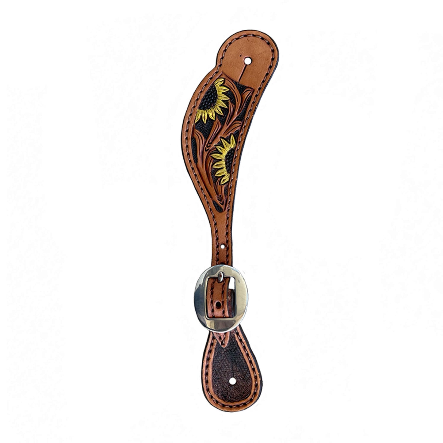 382-SUN Ladies spur straps golden leather sunflower tooling with background paint