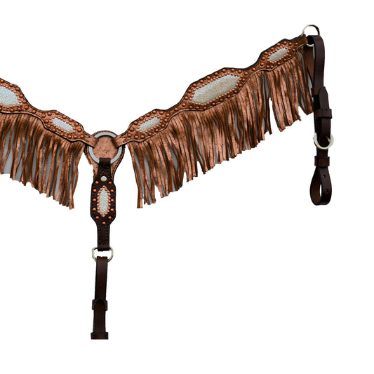 2" Breast collar toast leather copper crackle overlay background with center holographic overlay, copper spots, and copper crackle fringe.