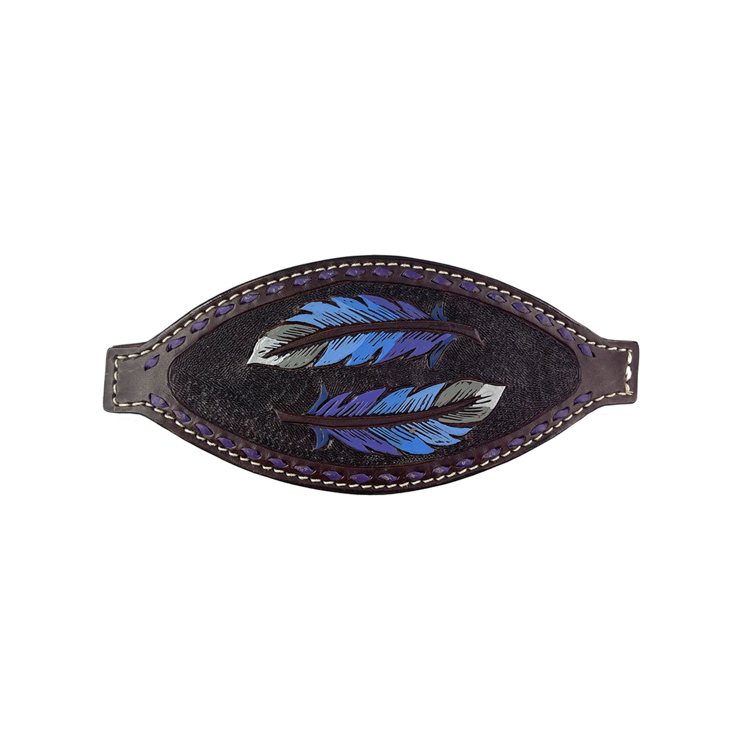 Bronc nose chocolate leather multicolored feather tooled with purple buckstitch.